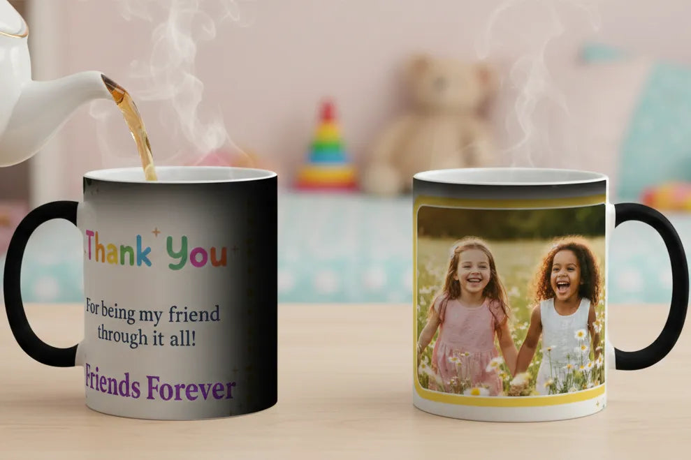 Two mugs with personalized designs on a table, one with 'Thank You' text and the other with a photo of two children.