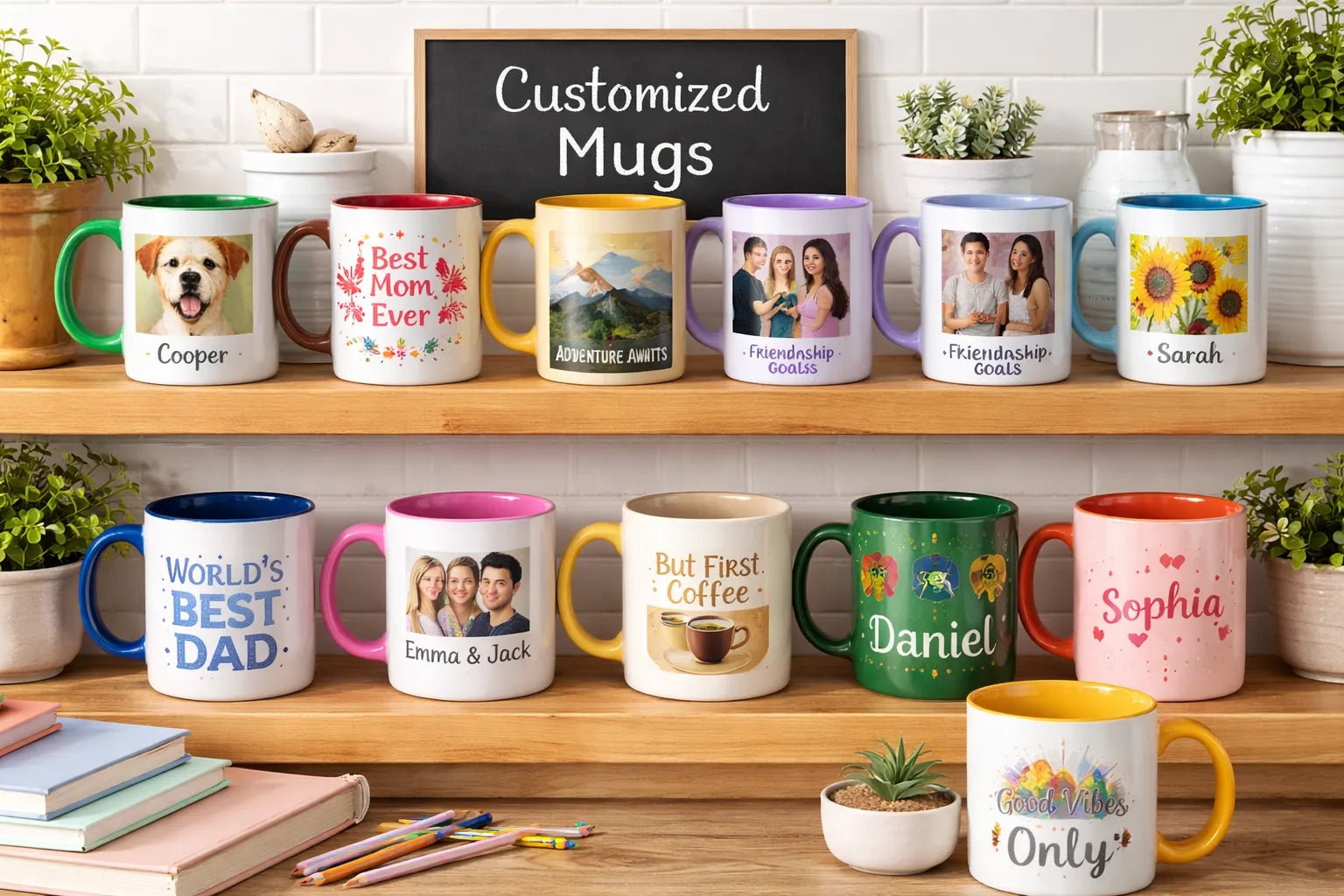 Collection of personalized mugs on a wooden shelf with a chalkboard sign reading 'Customized Mugs'.