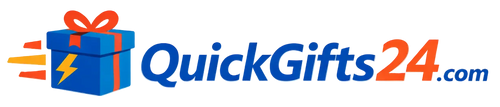 Logo of QuickGifts24.com with a blue gift box and red ribbon.