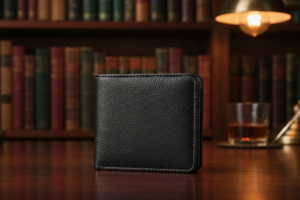 Black leather wallet on a wooden surface with a bookshelf in the background