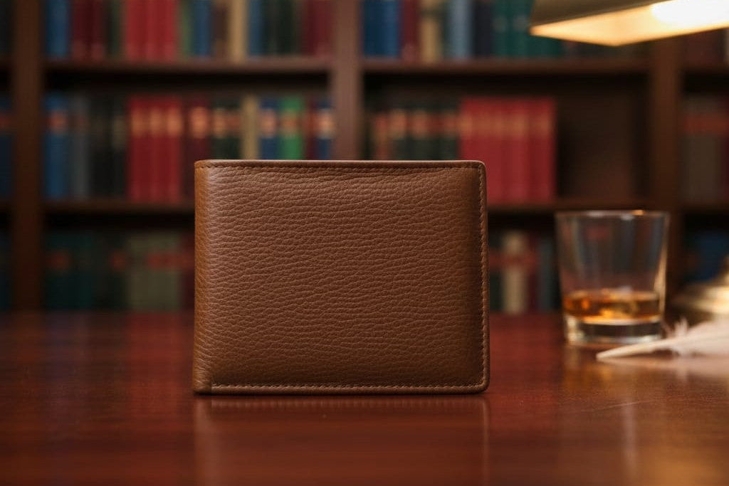 Brown leather wallet on a wooden table with a blurred bookshelf background
