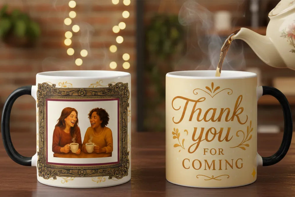 Two mugs on a wooden table with one featuring a photo of two women and the other with 'Thank you for coming' text.