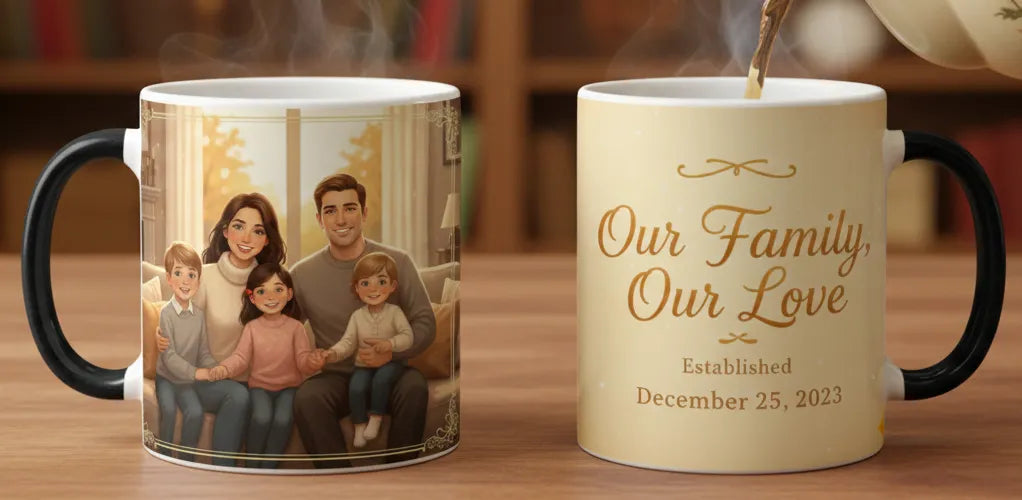 Two mugs on a table with one featuring a family photo and the other with 'Our Family, Our Love' text.