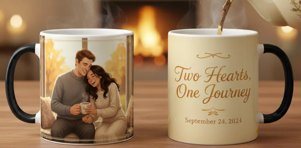 Two mugs with personalized designs on a wooden surface, one featuring a couple and the other with text.