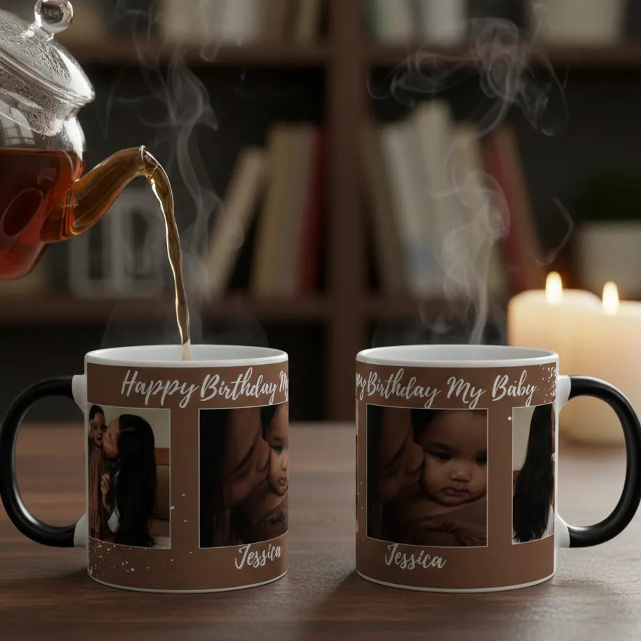 Two personalized birthday mugs with photos and the name 'Jessica' being filled with steaming coffee.