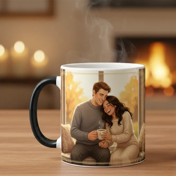Two mugs with personalized designs on a wooden surface, one featuring a couple and the other with text.