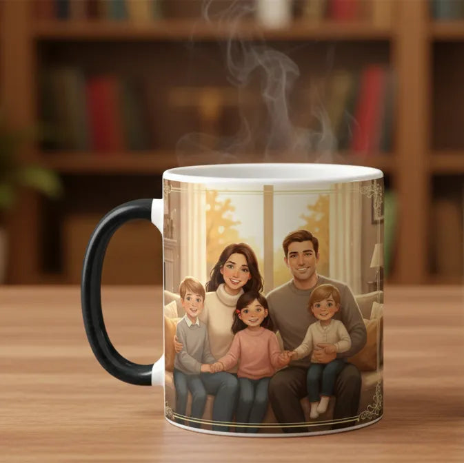 Two mugs on a table with one featuring a family photo and the other with 'Our Family, Our Love' text.