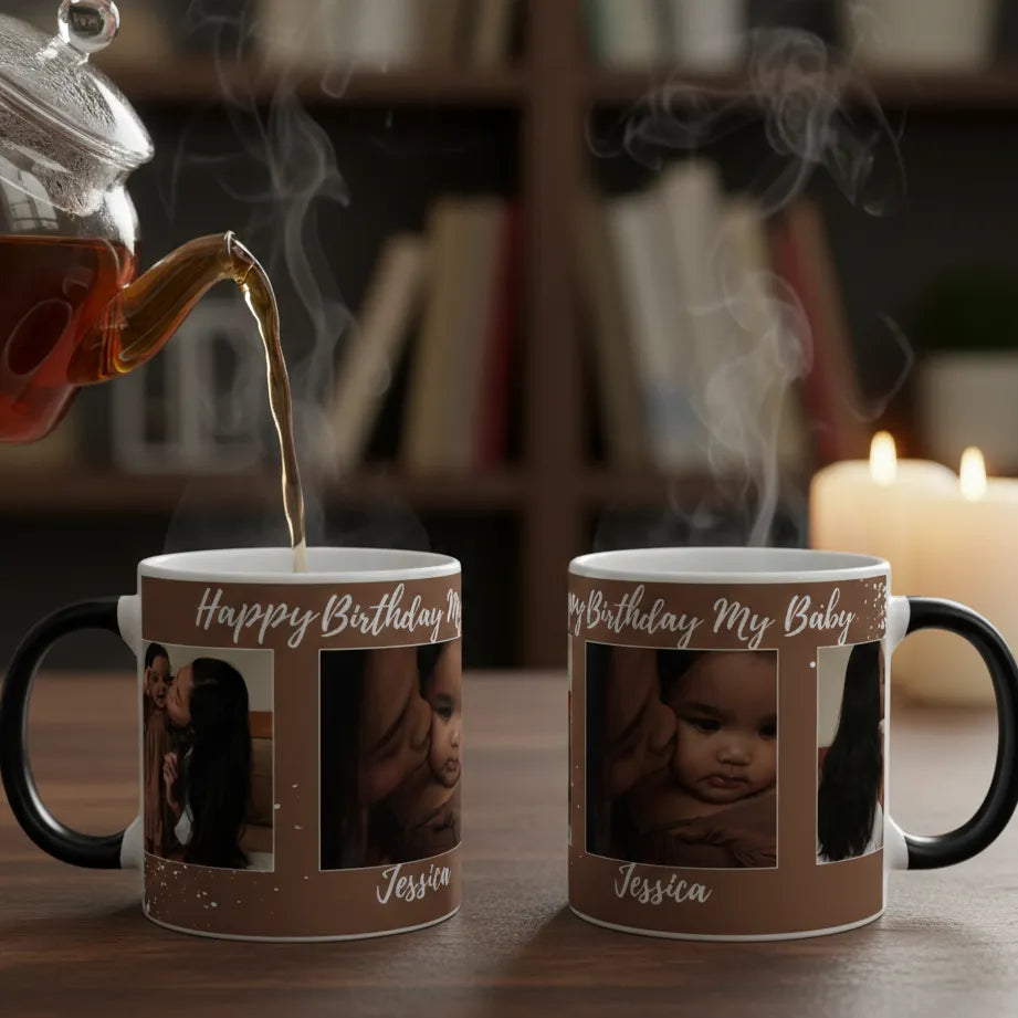 Two personalized birthday mugs with photos and the name 'Jessica' being filled with steaming coffee.