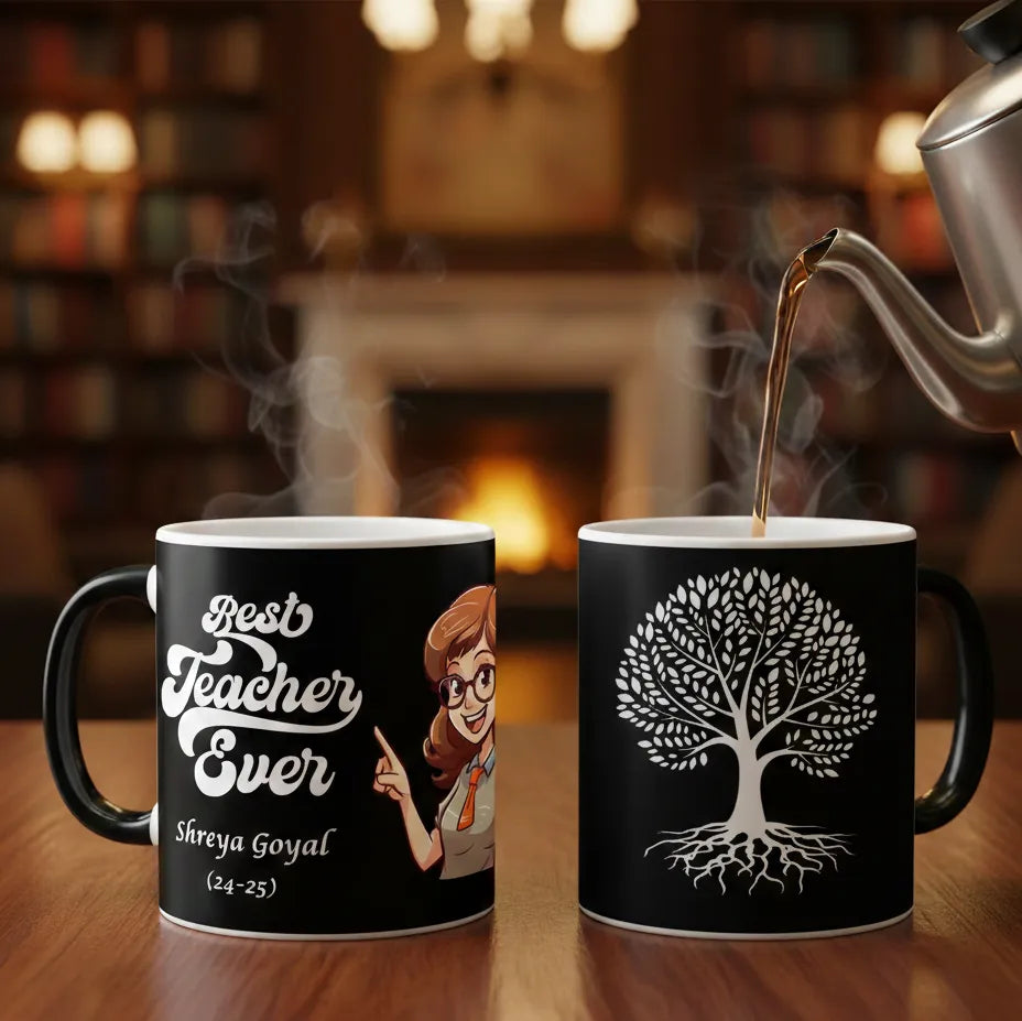 Two black mugs with personalized designs on a wooden table, one with a tree illustration and the other with a teacher's portrait.