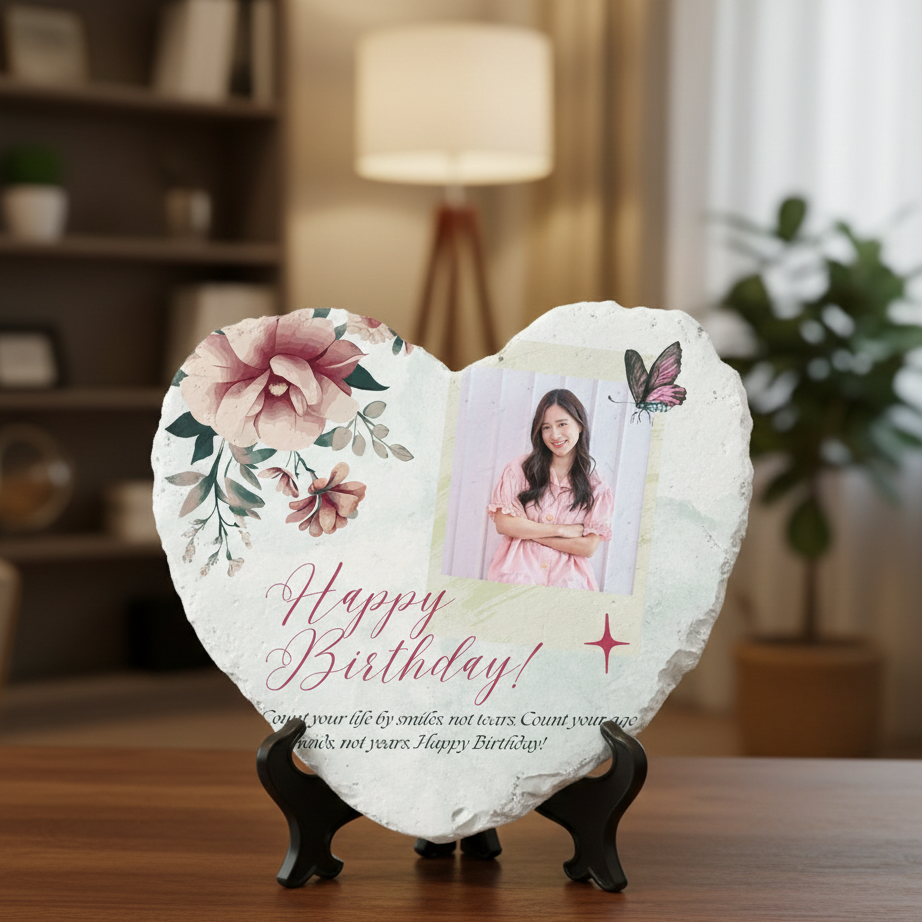 Heart-shaped birthday card with floral design and photo of a girl on a stand in a room.