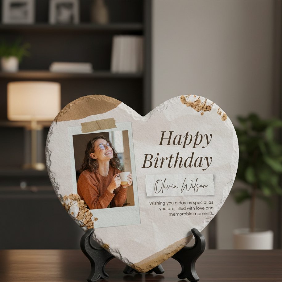 Heart-shaped birthday card with a photo of a woman and personalized text on a stand.