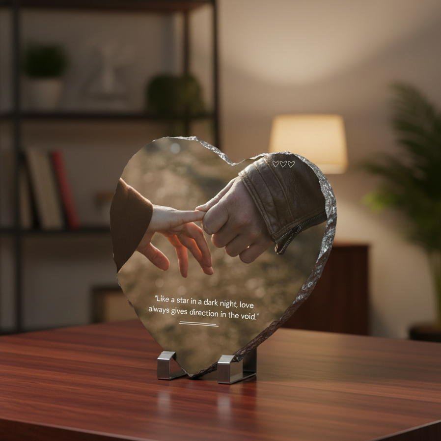 Heart-shaped stone with a photo of hands holding hands and a quote on a wooden surface.