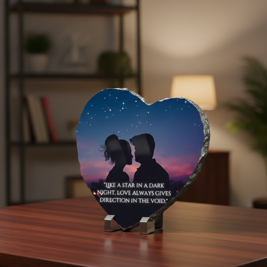 Heart-shaped decorative piece with a silhouette of a couple and a quote on a wooden surface.