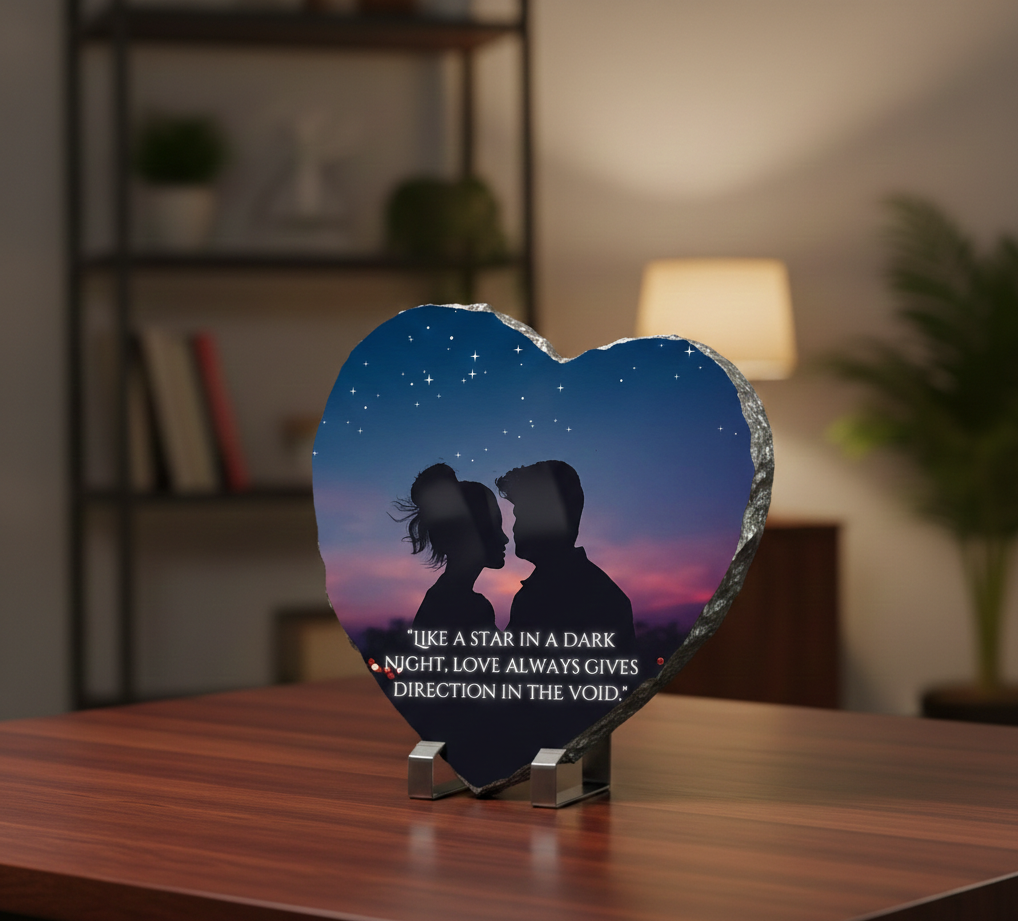 Heart-shaped decorative piece with a silhouette of a couple and a quote on a wooden surface.