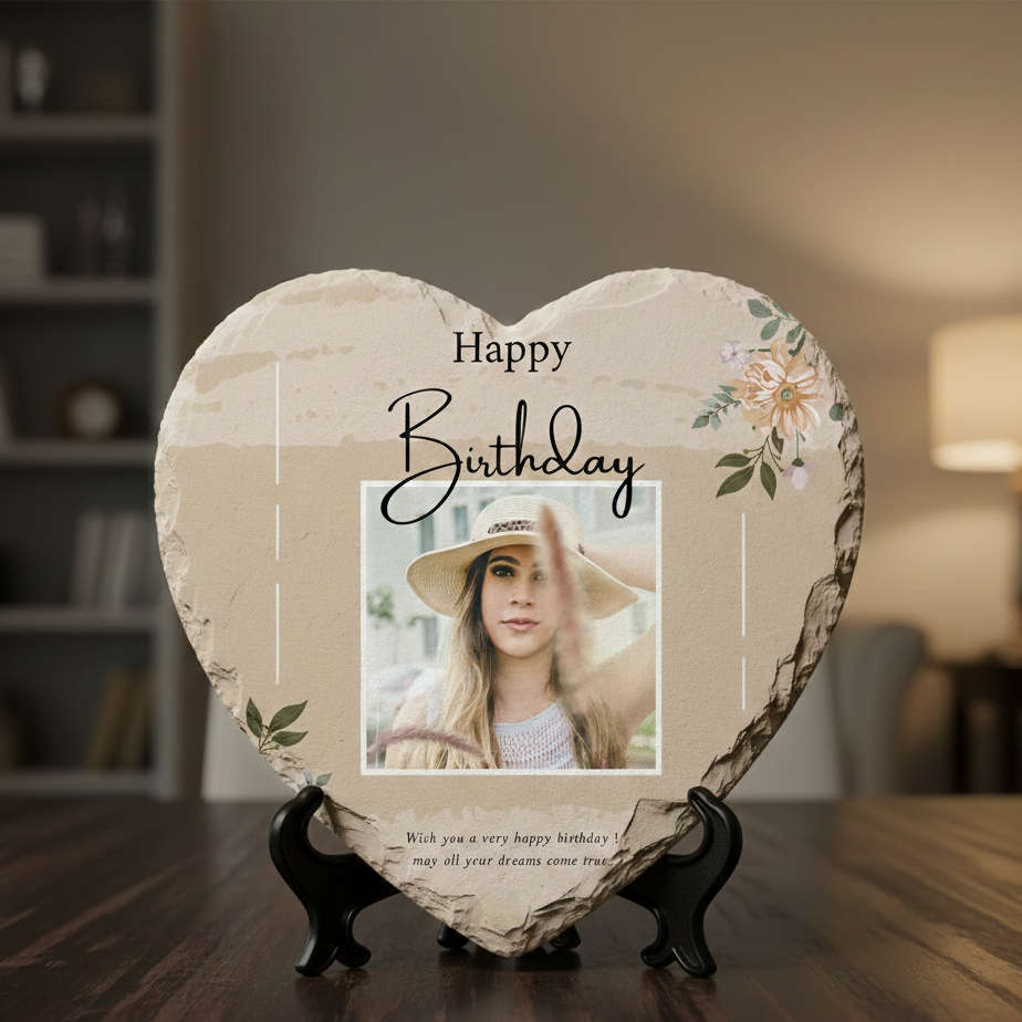 Heart-shaped birthday photo frame with a woman's portrait on a wooden surface.