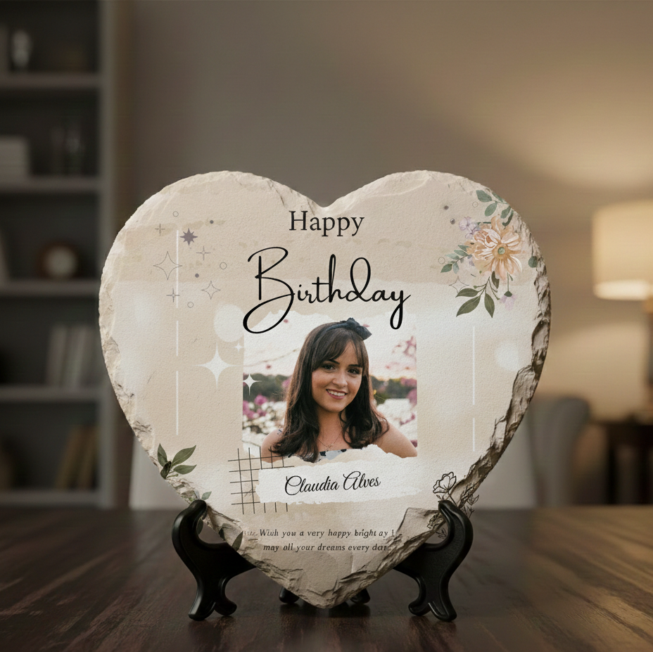 Heart-shaped birthday card with a photo of a woman and 'Happy Birthday' text, placed on a wooden surface.
