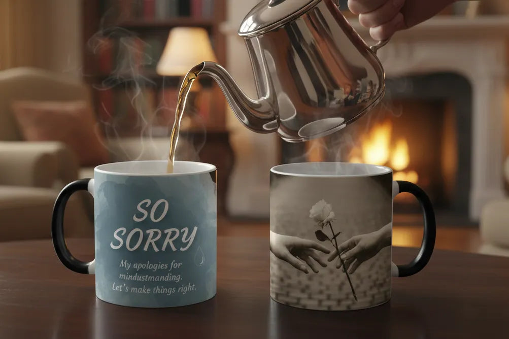 Tea being poured from a silver teapot into two mugs in a cozy living room.