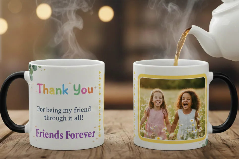 Two mugs with personalized designs on a wooden surface, one with 'Thank You' and 'Friends Forever', the other with a photo of two children.