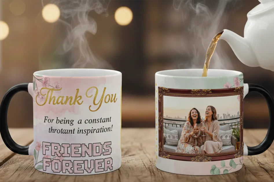 Two mugs with one being filled with tea and the other featuring a photo of two women and text.
