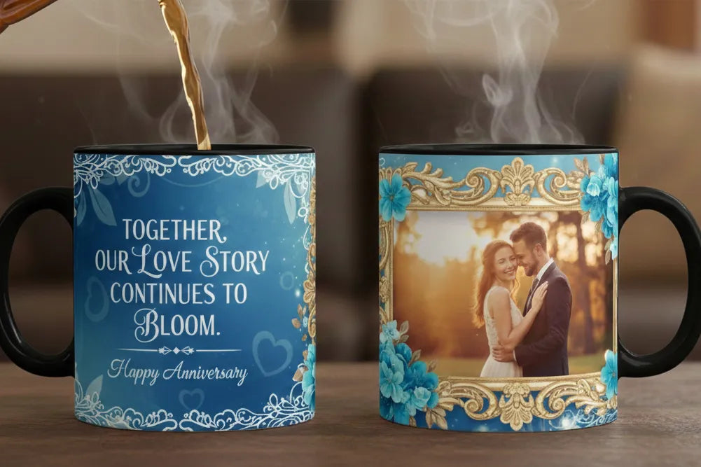 Two mugs with decorative designs and text, one with a couple photo and the other with a love story quote.