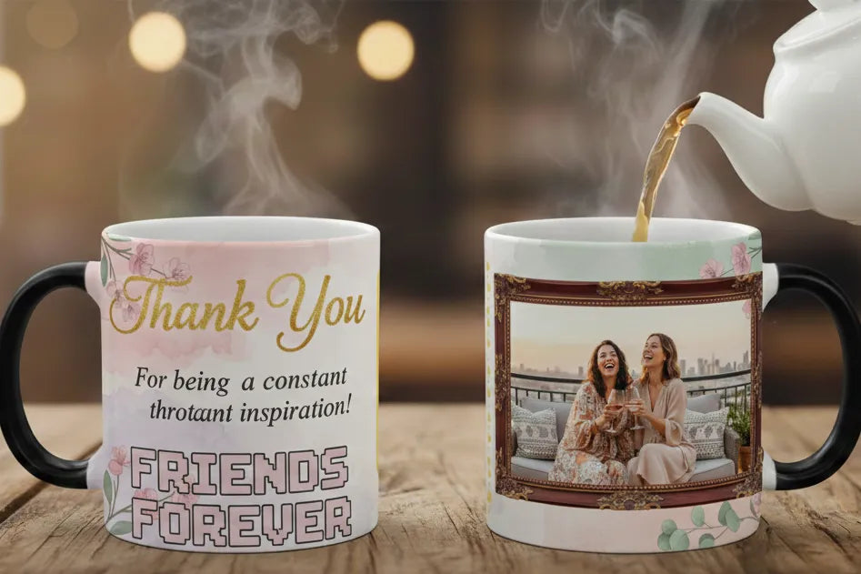 Two mugs with one being filled with tea and the other featuring a photo of two women and text.