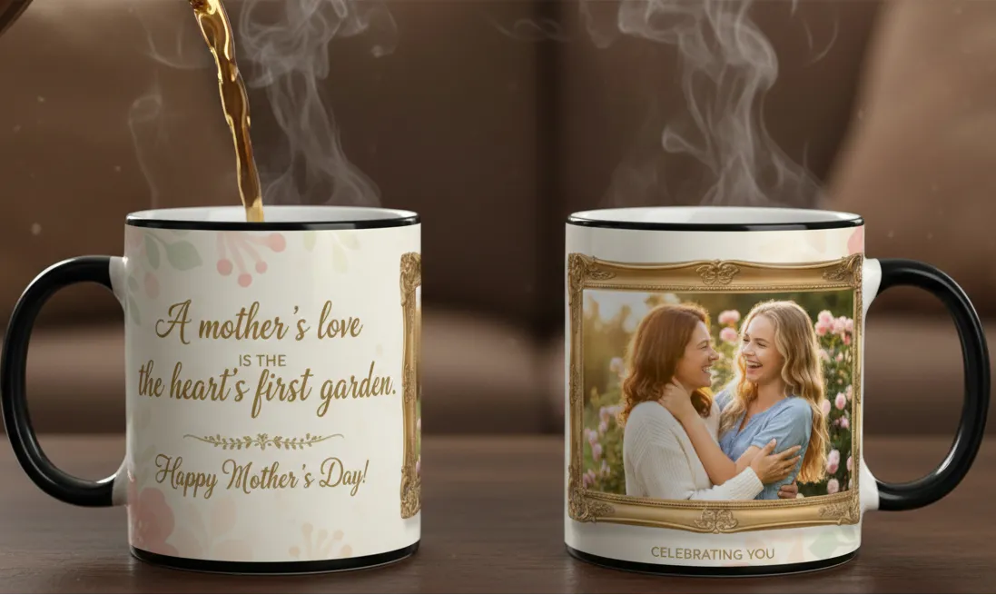 Two mugs with one featuring a Mother's Day message and the other with a photo of two women, on a blurred background.