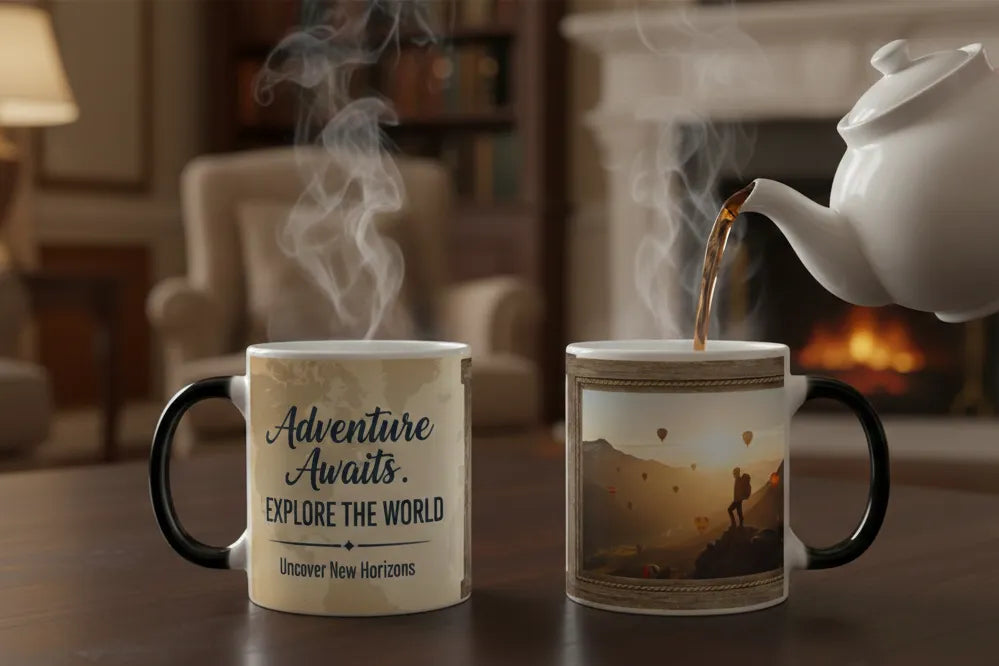 Two mugs with one being filled with steaming coffee, set against a cozy indoor background.