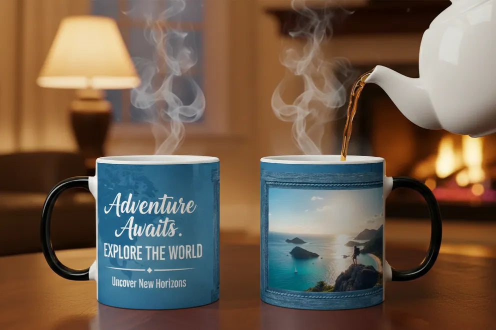 Two blue mugs with one being filled with steaming liquid, set against a cozy indoor background.