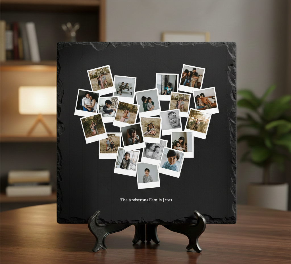 Black slate with heart-shaped arrangement of family photos on a wooden surface.