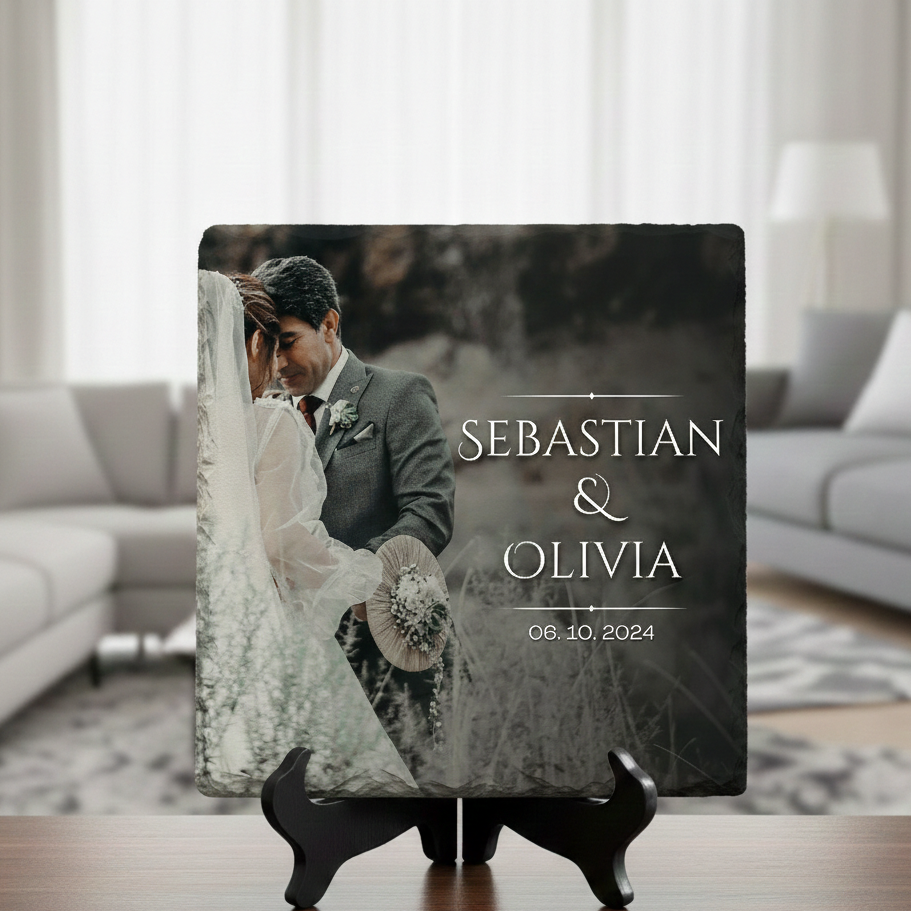 Personalized photo plaque with 'Sebastian & Olivia' and a wedding photo in a modern living room.