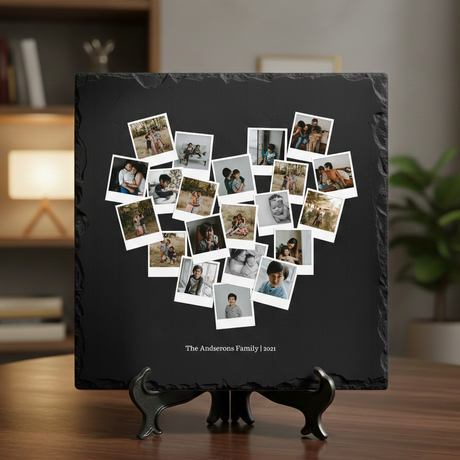 Black slate with heart-shaped arrangement of family photos on a wooden surface.