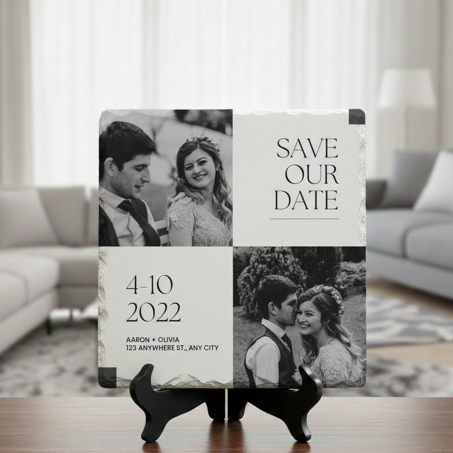 Collage of photos on a stand with 'Save the Date' text in a living room setting
