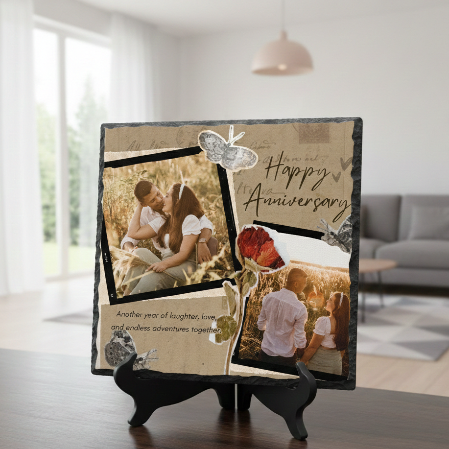 Personalized anniversary photo frame with couple images on a stand in a living room setting.