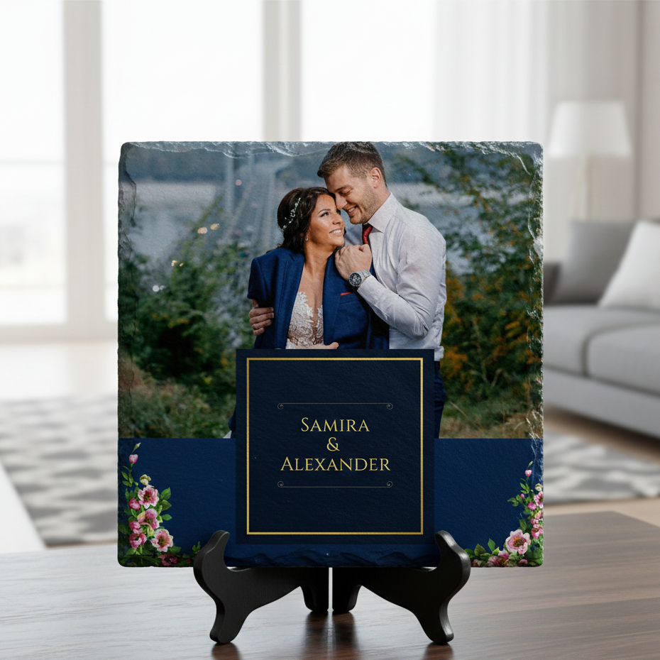 Personalized photo plaque with a couple's name on a stand in a room setting.