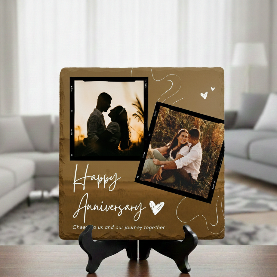 Personalized anniversary photo frame with two photos of a couple on a wooden stand.