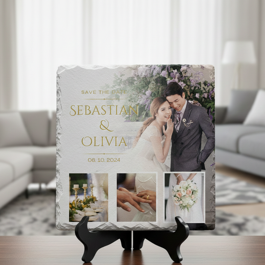 Wedding invitation card with 'Sebastian & Olivia' on a stand in a living room setting.
