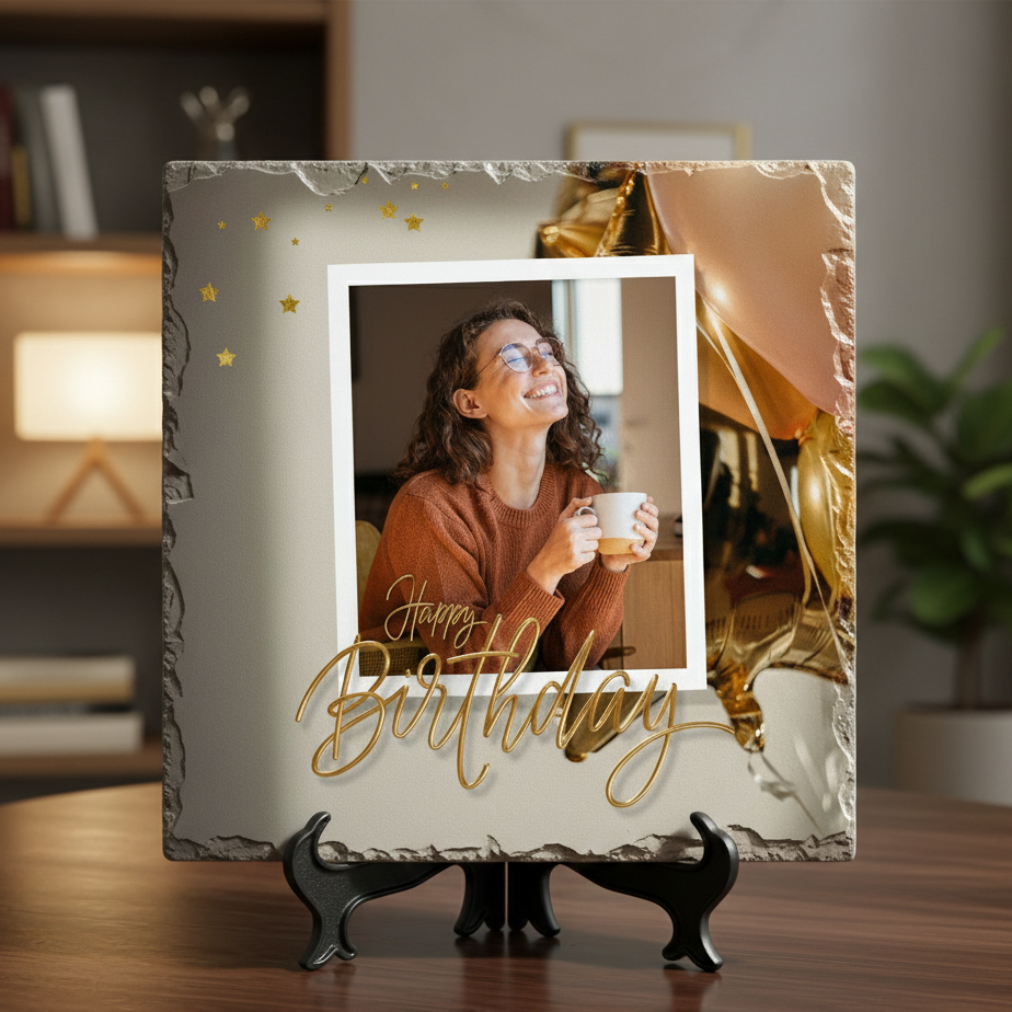 Decorative birthday photo frame with a woman holding a cup on a stand.
