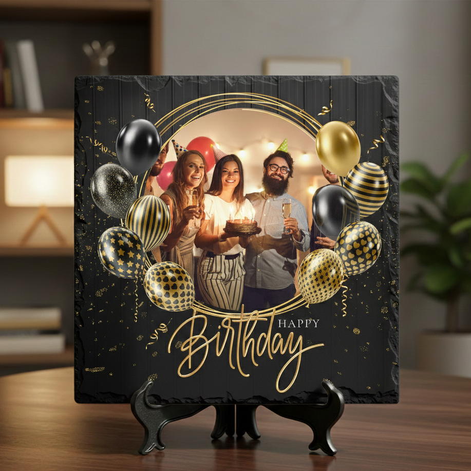 Personalized birthday photo plaque with balloons and 'Happy Birthday' text on a stand.