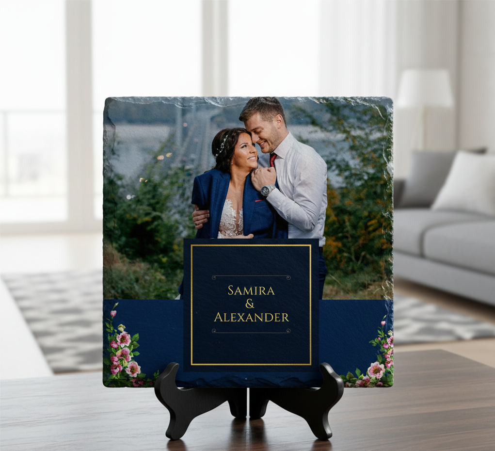 Personalized photo plaque with a couple's name on a stand in a room setting.