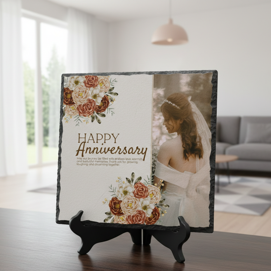 Personalized 'Happy Anniversary' photo slate with floral design on a stand in a living room.