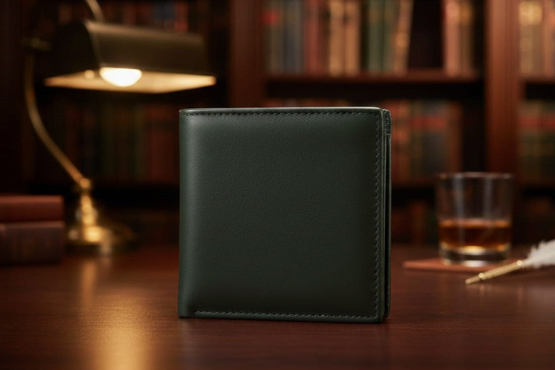 Black leather wallet on a wooden desk with a bookshelf in the background