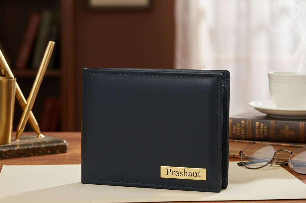 Black wallet with 'Prashant' engraving on a desk with office items.