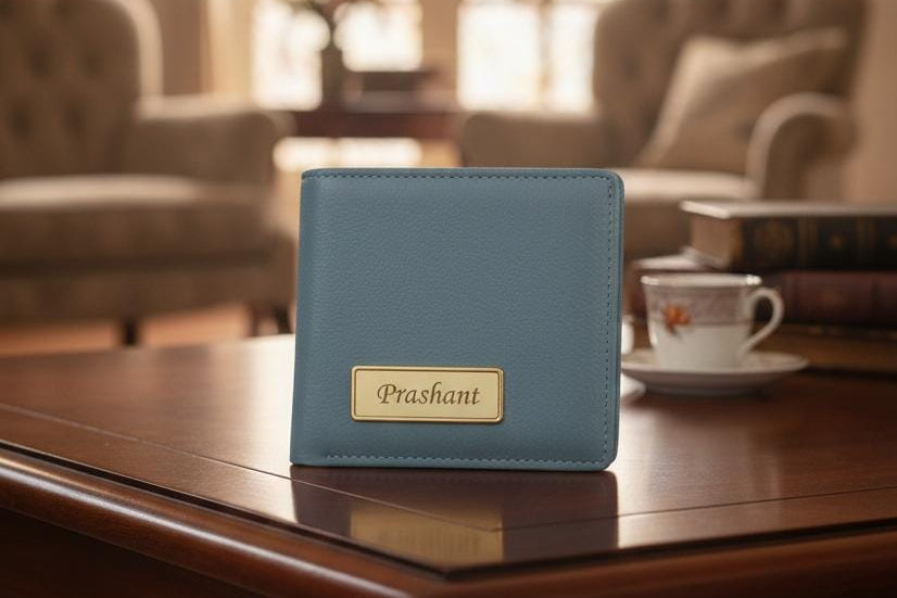 Blue wallet with 'Prashant' engraving on a wooden table in a blurred indoor setting