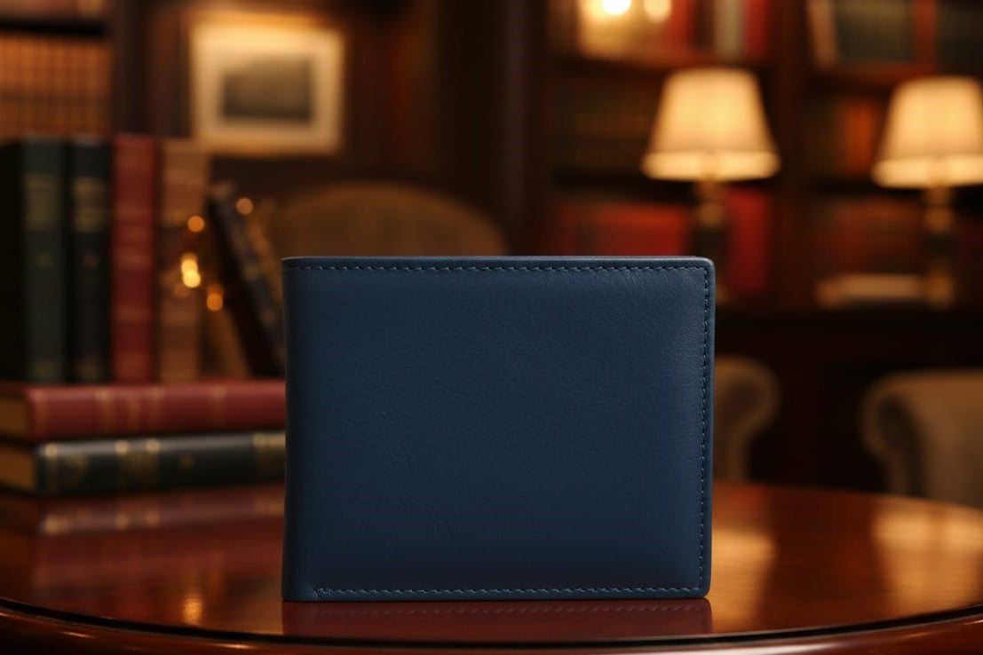 Blue leather wallet on a wooden table with a blurred bookshelf background