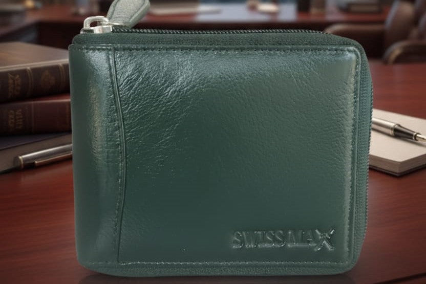 Green wallet with 'Swiss Max' branding on a wooden surface