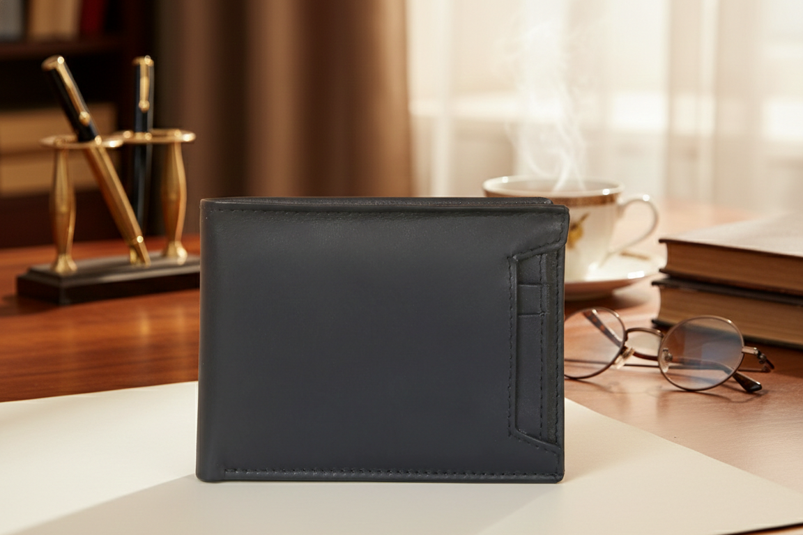 Black leather wallet on a desk with office items in the background